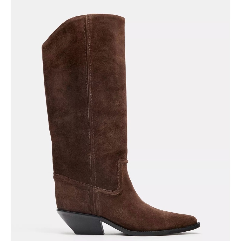 ZARA SPLIT LEATHER HEELED COWBOY BOOTS Brown Suede Knee-High Boots - Picture 2 of 12